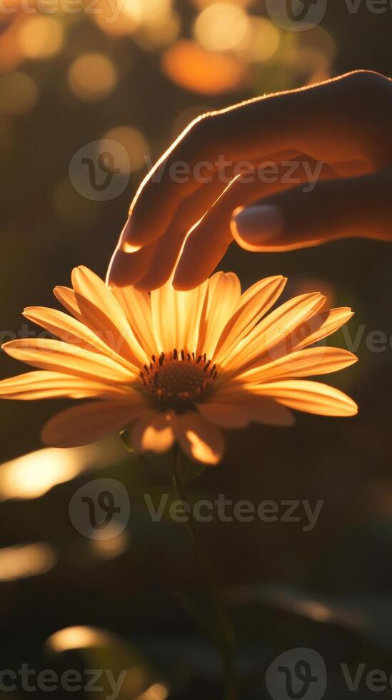 Hand gently touching a daisy in warm sunlight, nature connection concept photo