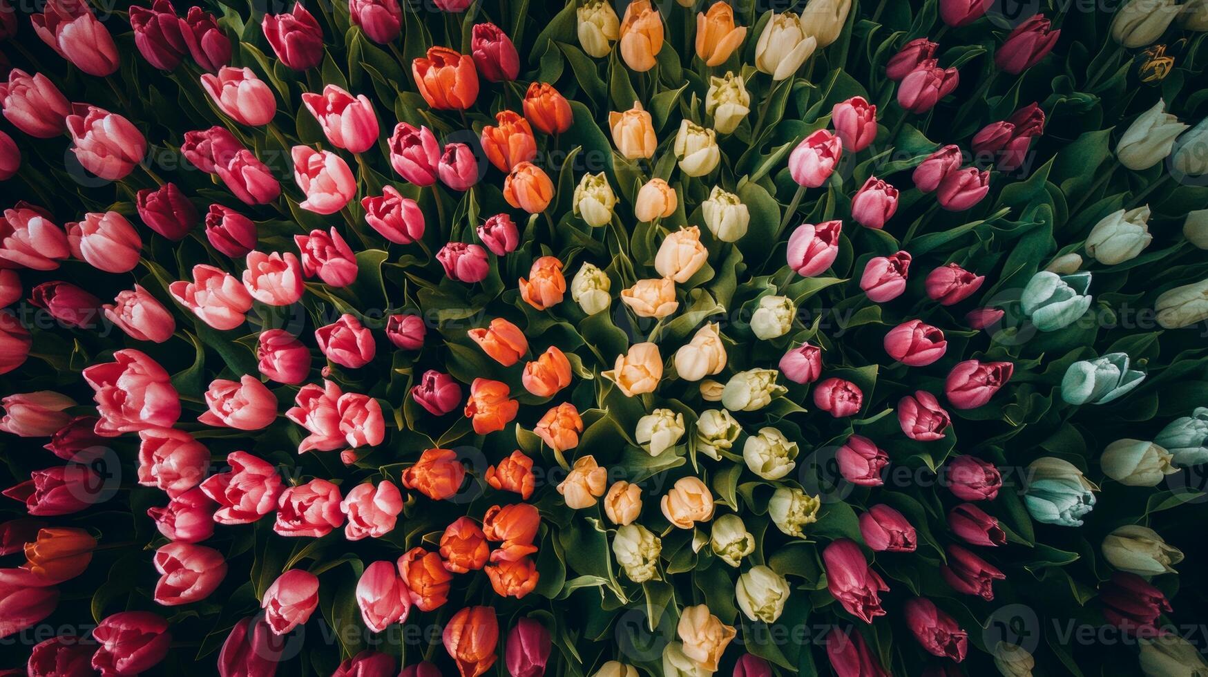Colorful tulip garden with vibrant flowers in full bloom, top view. Nature and springtime beauty concept photo