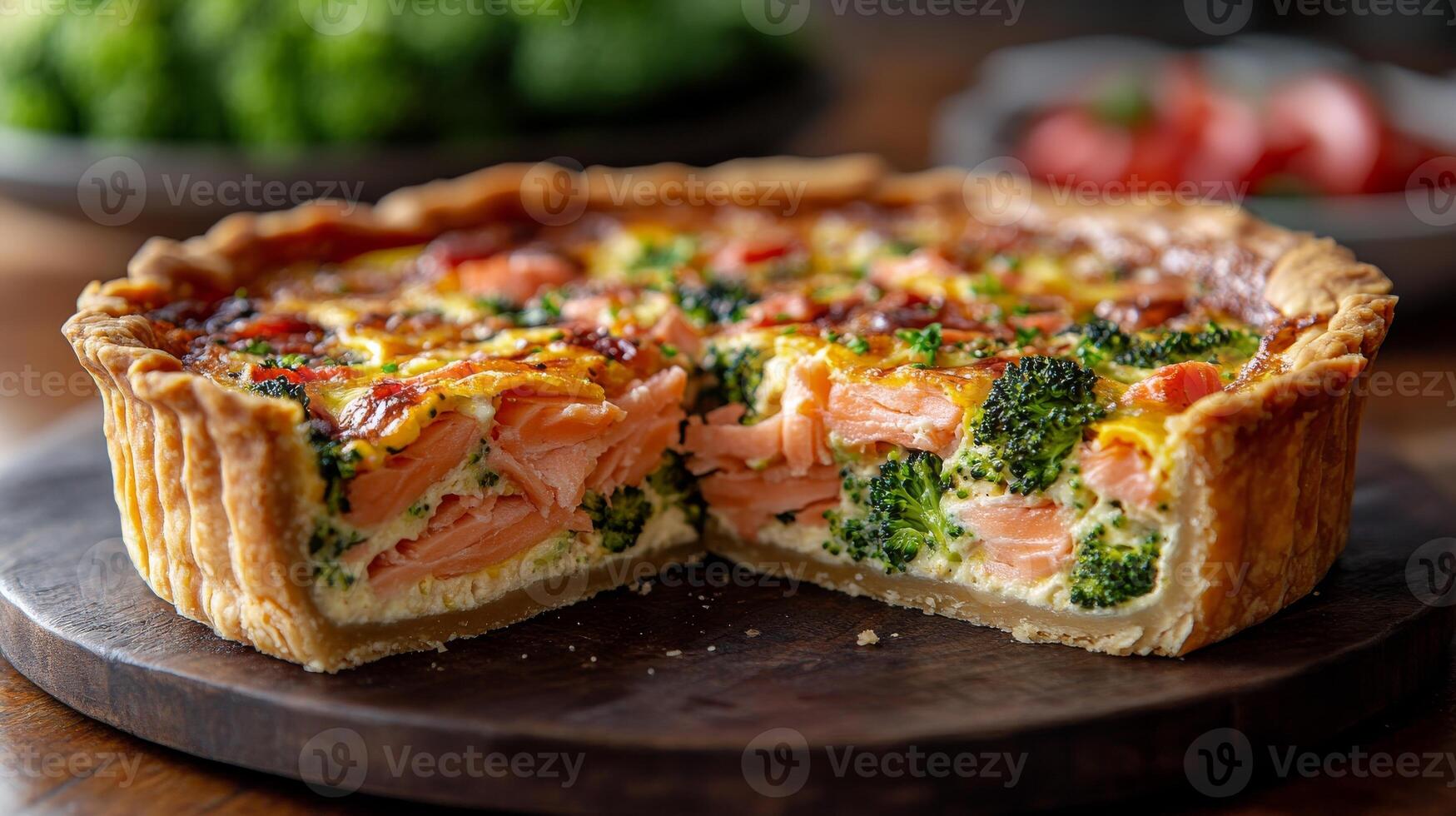Savory salmon and broccoli quiche, close-up view. Delicious homemade baking and culinary concept photo