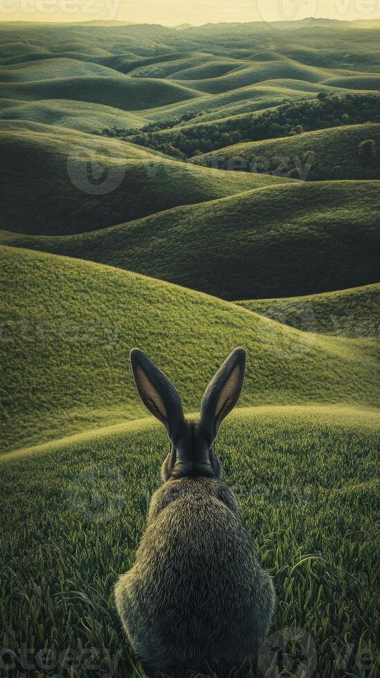 rabbit overlooking lush green rolling hills at sunset, peaceful nature scene. serenity and tranquility concept photo
