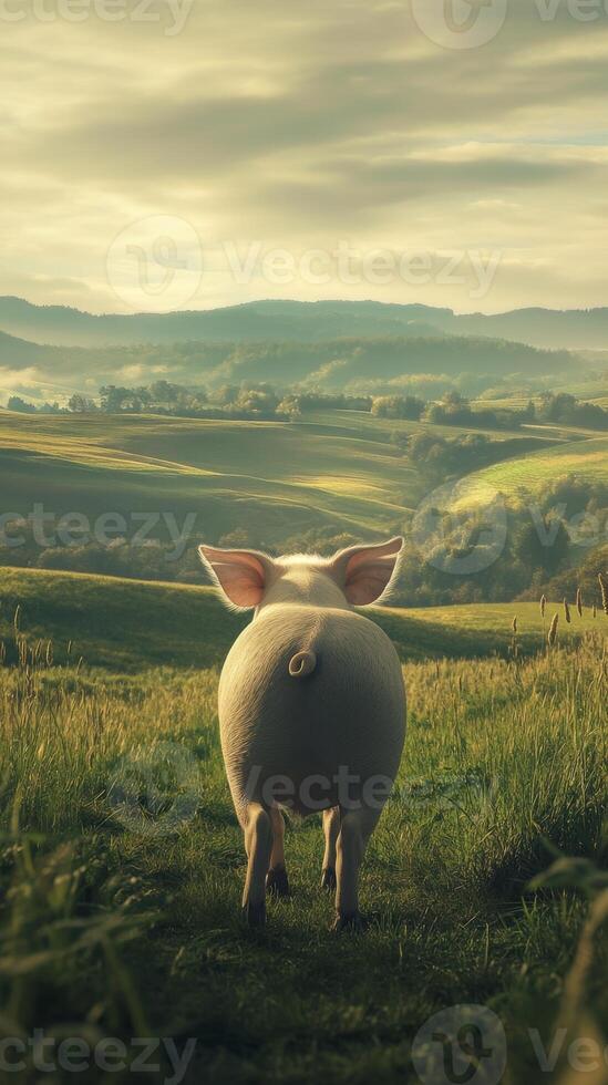 Pig in a green meadow with rolling hills under cloudy sky. Tranquil countryside and rural life concept photo
