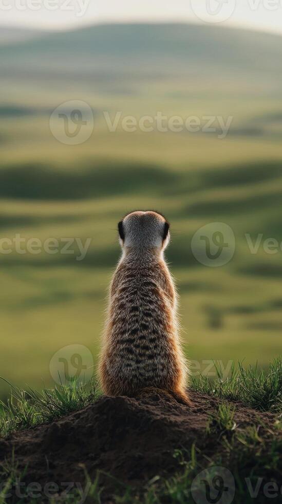 Lone meerkat sitting on a mound in green savanna, back view. Wilderness and observation concept photo