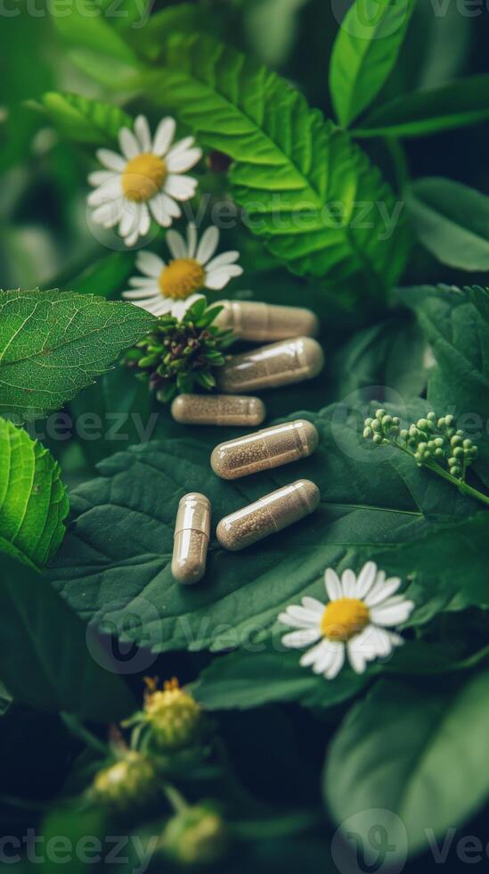 Herbal capsules on chamomile and green leaves, natural health concept photo
