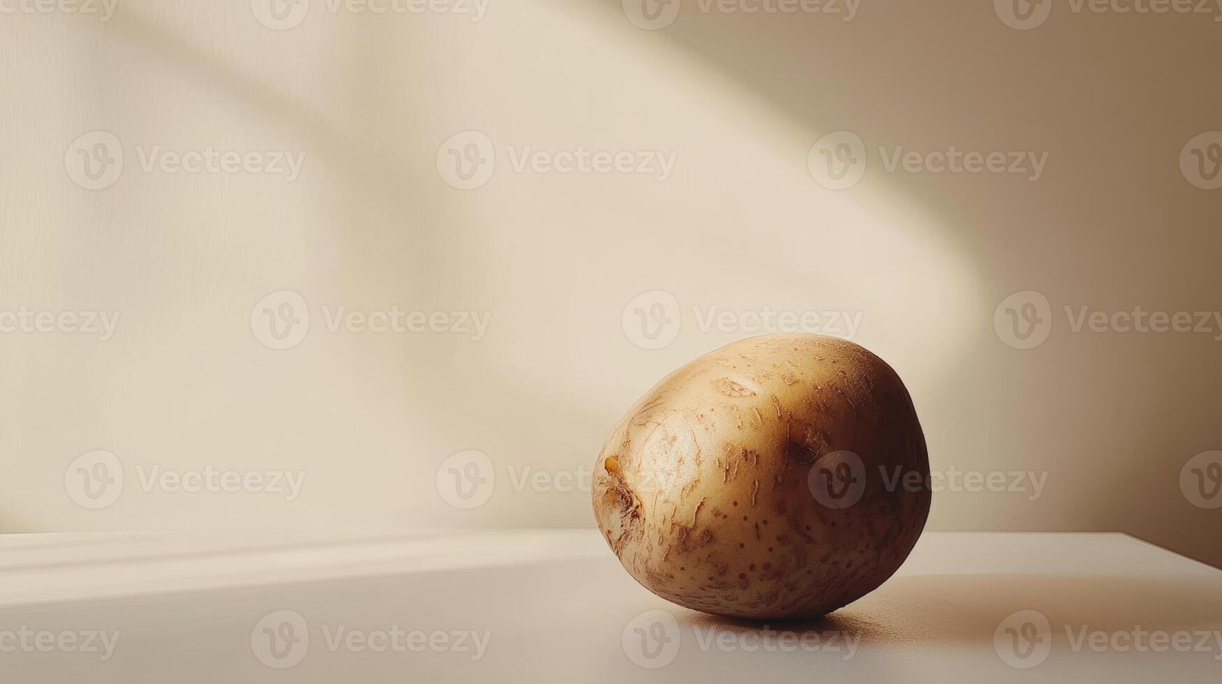 Single potato on white table in soft natural light, minimalistic still life photography photo