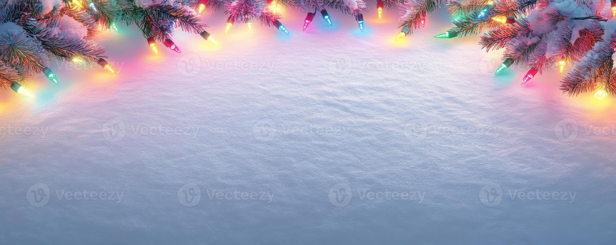 Snowy background with christmas lights and pine branches, festive winter season concept photo