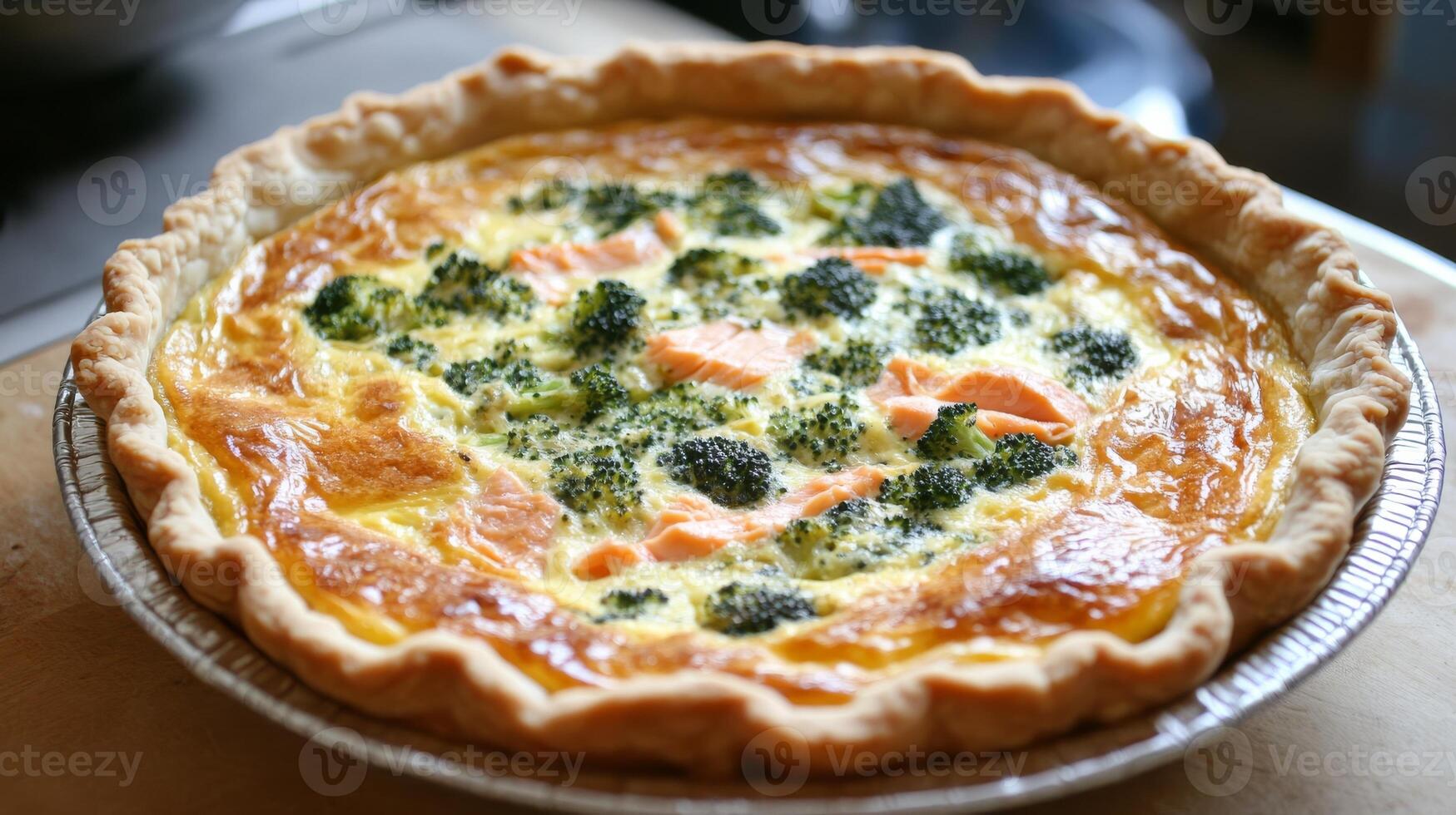 Broccoli and salmon quiche on wooden table, savory pastry and gourmet cuisine concept photo