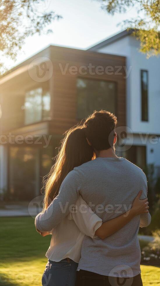 Couple embracing and looking at modern house in sunlight, outdoor lifestyle and home investment concept photo
