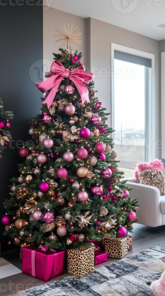 Christmas tree with pink ornaments and gifts in a modern living room, festive holiday decoration photo