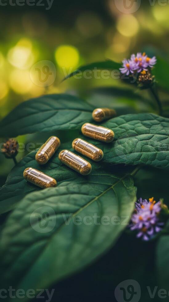 Herbal capsules on green leaves with flowers, natural medicine concept photo