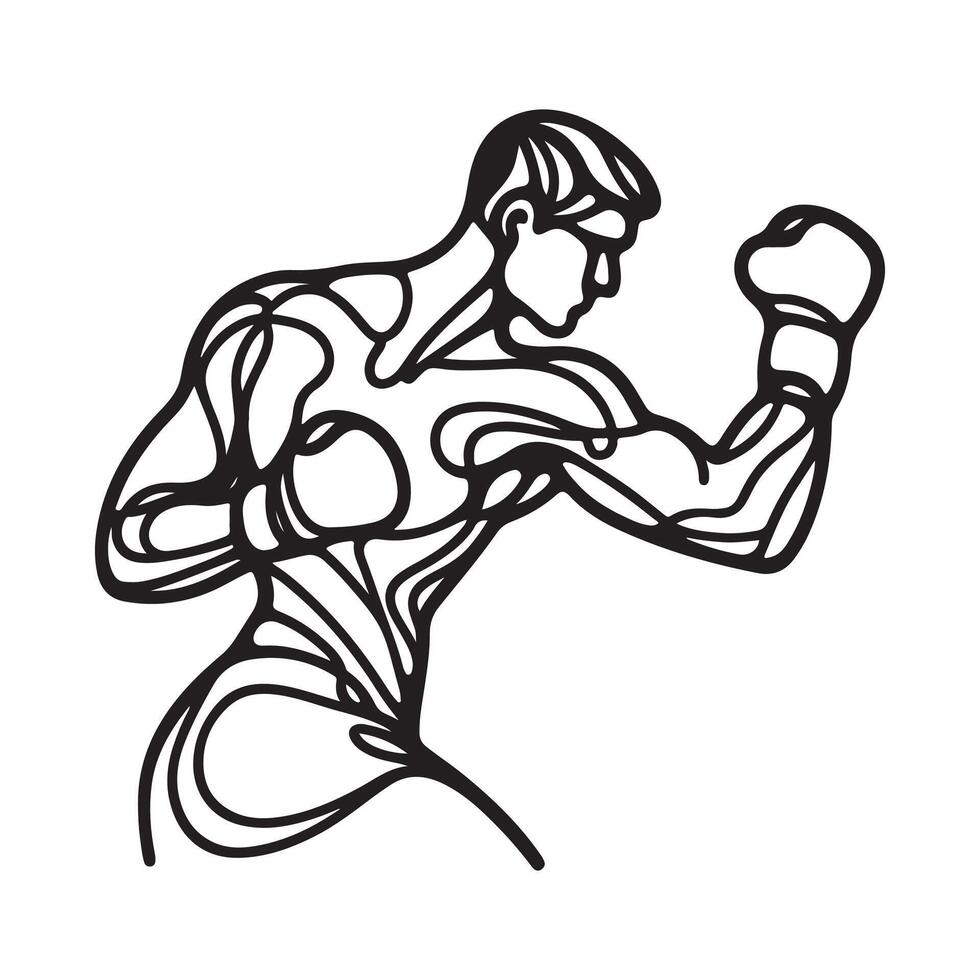One continuous single drawing black line art doodle of forming a boxer in mid punch, athletic and strong, illustration on white background vector