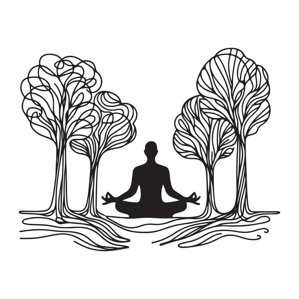 One continuous single drawing black line art doodle of person meditating in nature, with trees vector