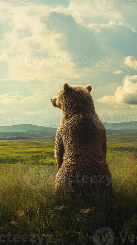 Bear sitting in lush meadow under cloudy sky, serene nature scene. wilderness and tranquility concept photo
