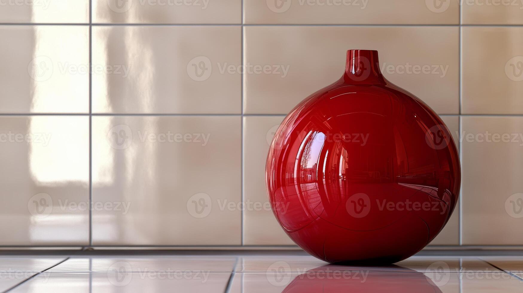 Red ceramic vase on tiled surface, minimalist decor concept photo