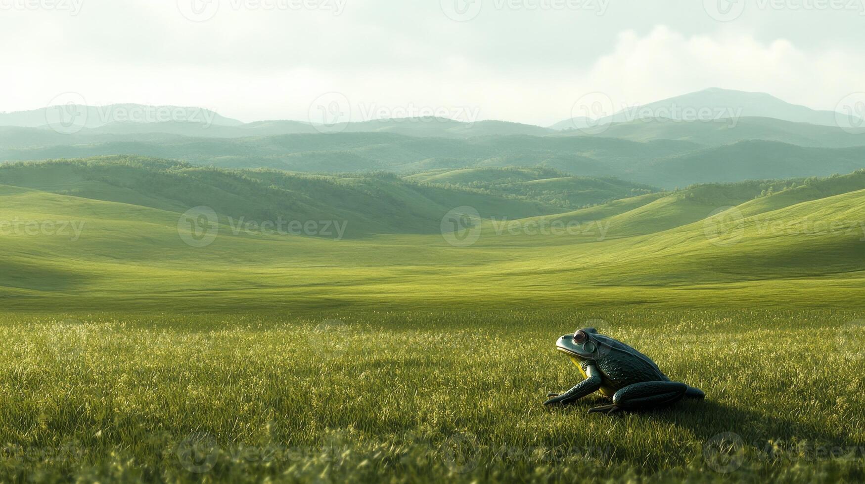 Frog on grassy meadow with distant hills, tranquil nature concept photo
