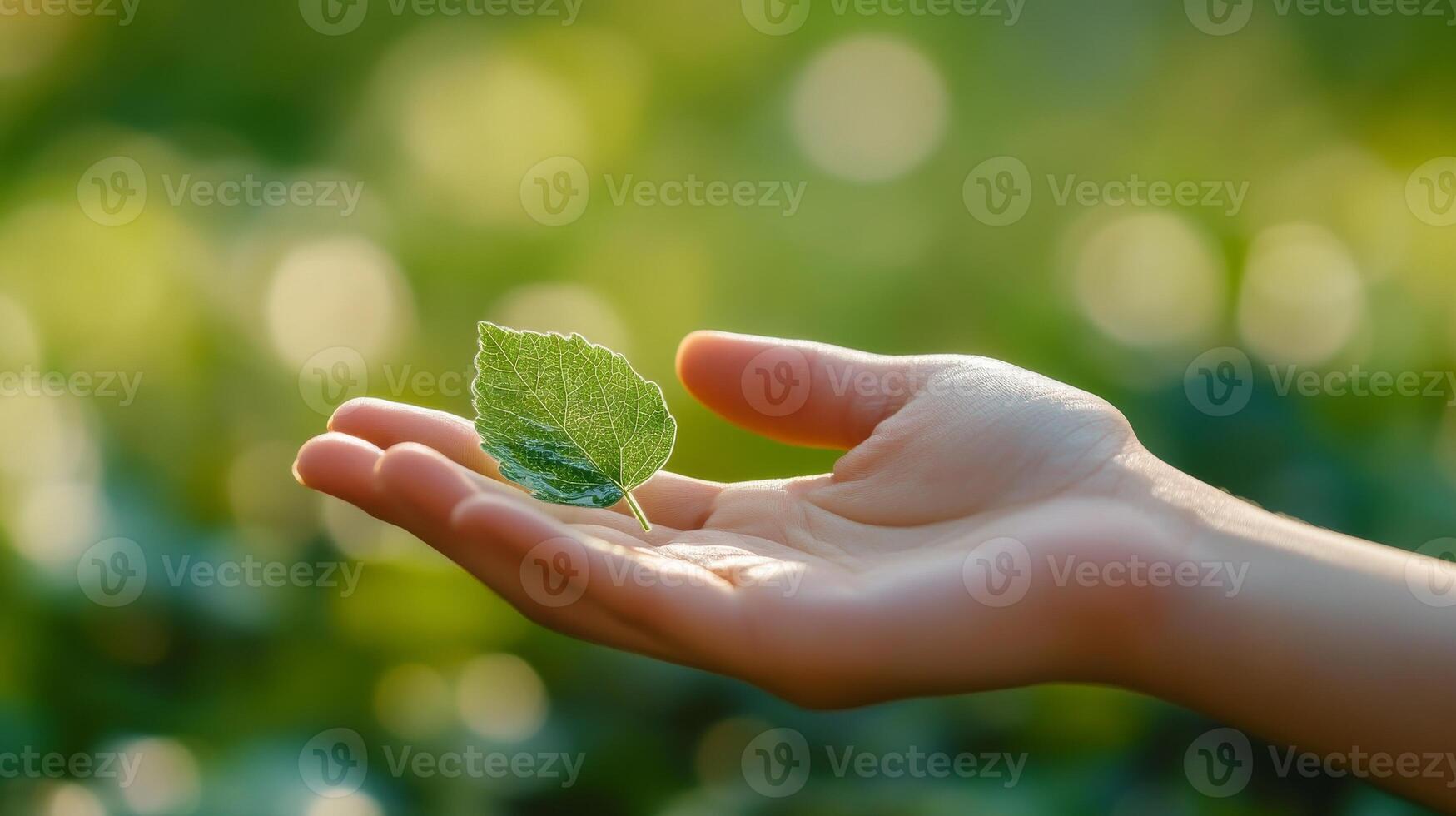 Hand gently holding a green leaf, nature and tranquility concept photo