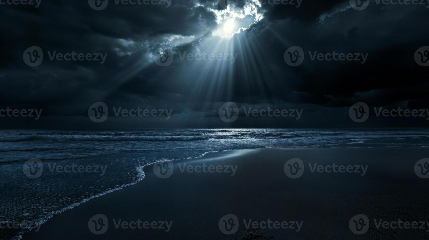 Moonlit beach under dramatic cloudy sky, ethereal night scene. Nature and tranquility concept photo
