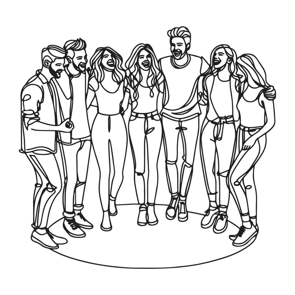 One continuous single drawing black line art doodle of a group of friends standing in a circle vector