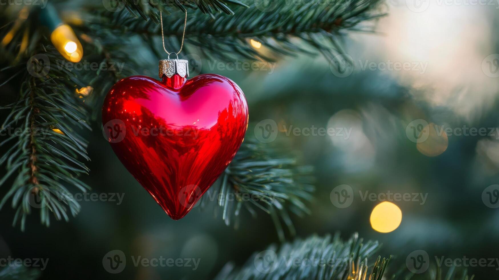 Red heart shaped ornament on christmas tree branch with lights, festive holiday decoration concept photo