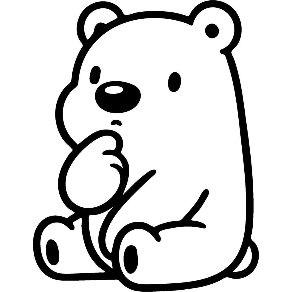 Polar bear cub is deep in thought and holds his chin with his paw in monochrome. Simple minimalistic image in black ink drawing on white background vector