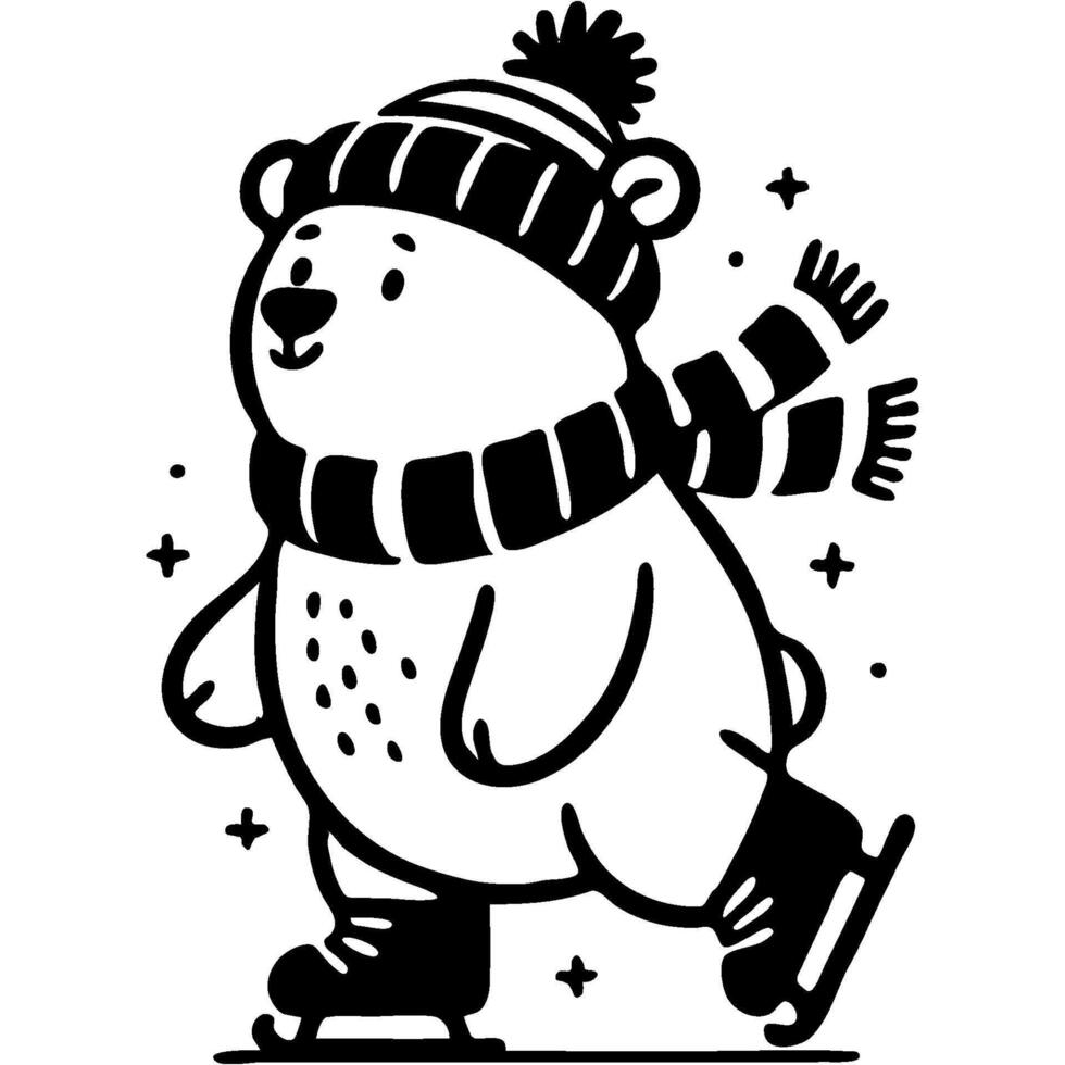 Polar bear in winter clothes skating on ice in monochrome. Simple minimalistic image in black ink drawing on white background vector