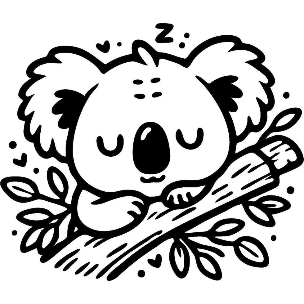 Sleepy Australian koala sleeps comfortably on a eucalyptus tree branch in monochrome. Simple minimalistic image in black ink drawing on white background vector
