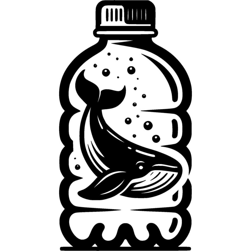 Blue whale inside plastic bottle. Problem of ocean pollution and environment in monochrome. Simple minimalistic image in black ink drawing on white background vector