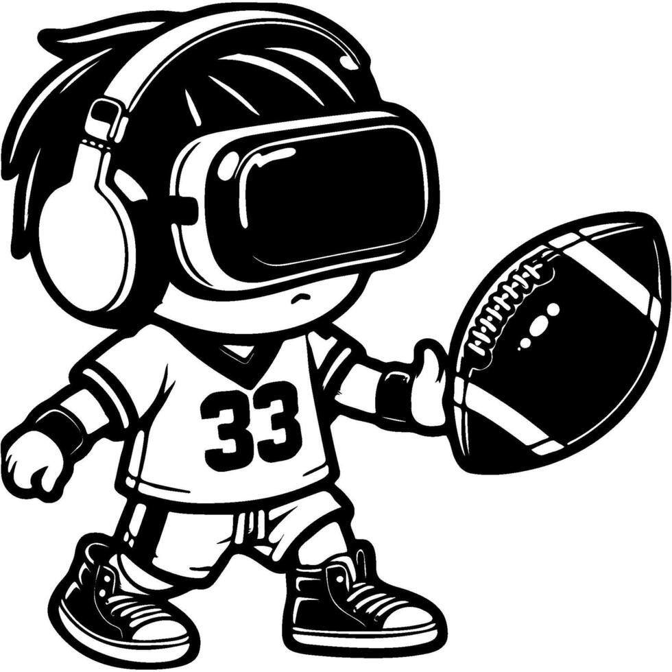 Boy gamer in sports uniform, headphones and virtual reality glasses plays American football in monochrome. Simple minimalistic image in black ink drawing on white background vector