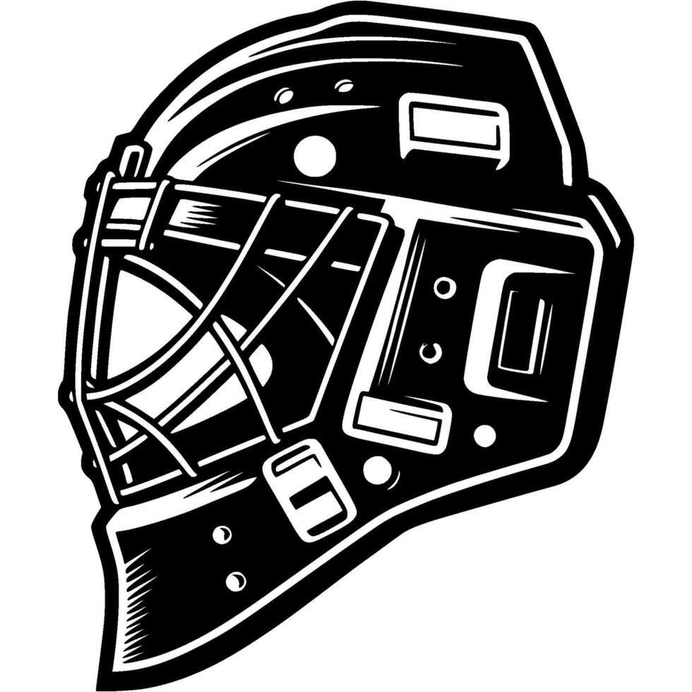 Hockey goalie protective helmet side view in monochrome. Simple minimalistic image in black ink drawing on white background vector