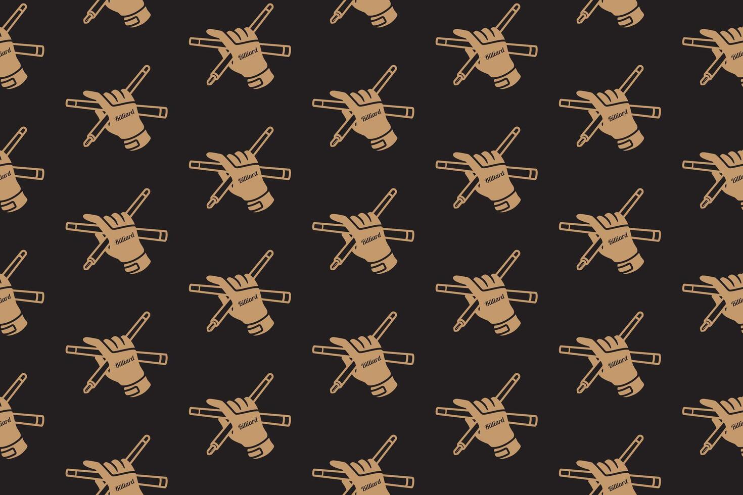 hand wearing mitten holding stick crossed billiard silhouette seamless pattern on black background. hand with glove, cue pool illustration pattern background for billiard decor and merchandise vector