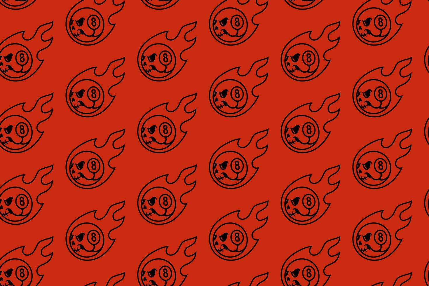 grim skull with 8 ball pool, flame outline seamless pattern on red background. skull head with black ball snooker, fire illustration pattern background for billiard decoration and merchandise vector