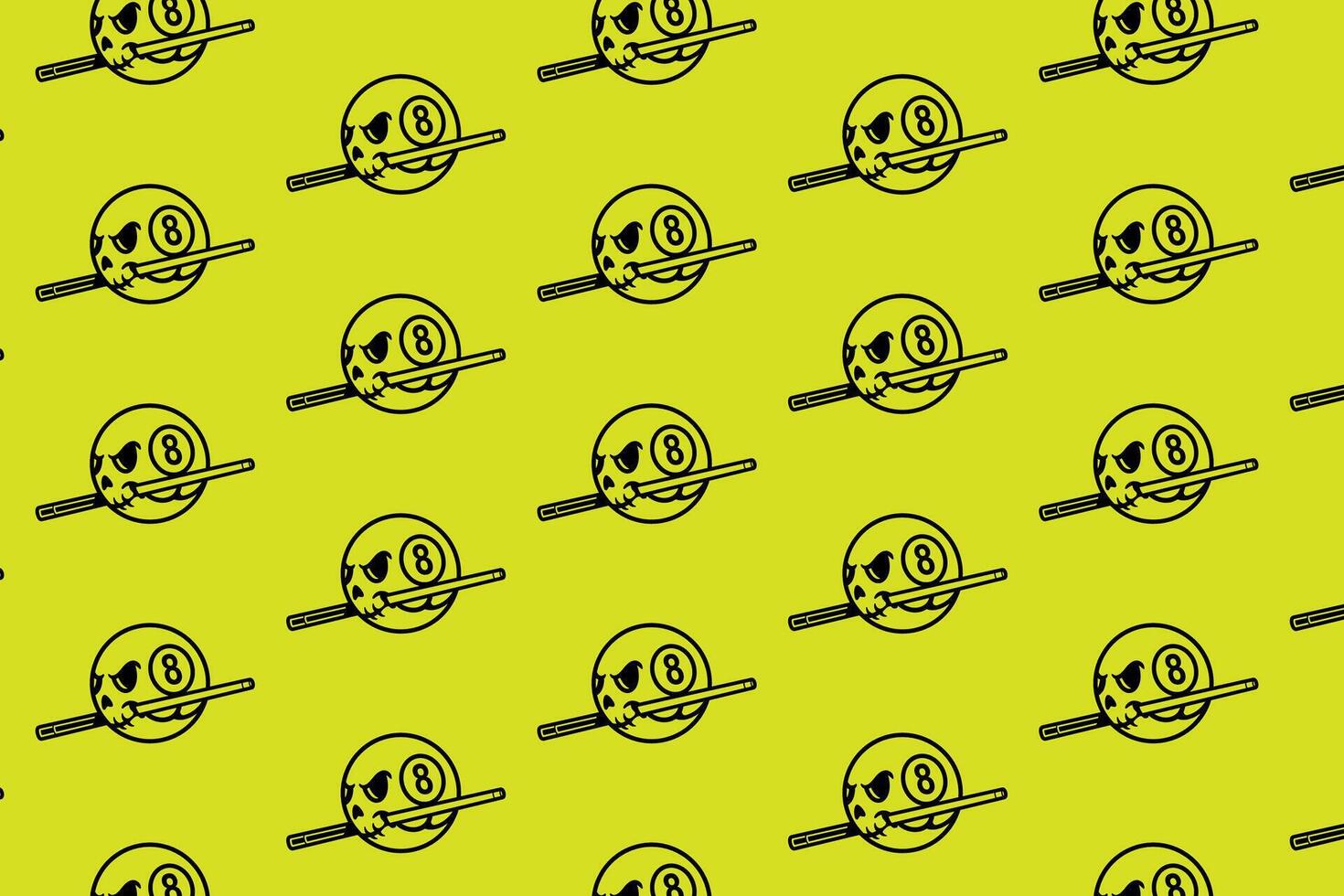 grim skull with cue stick pool outline seamless pattern on green background. skull head with ball billiard biting stick object illustration pattern background for billiard decoration and merchandise vector