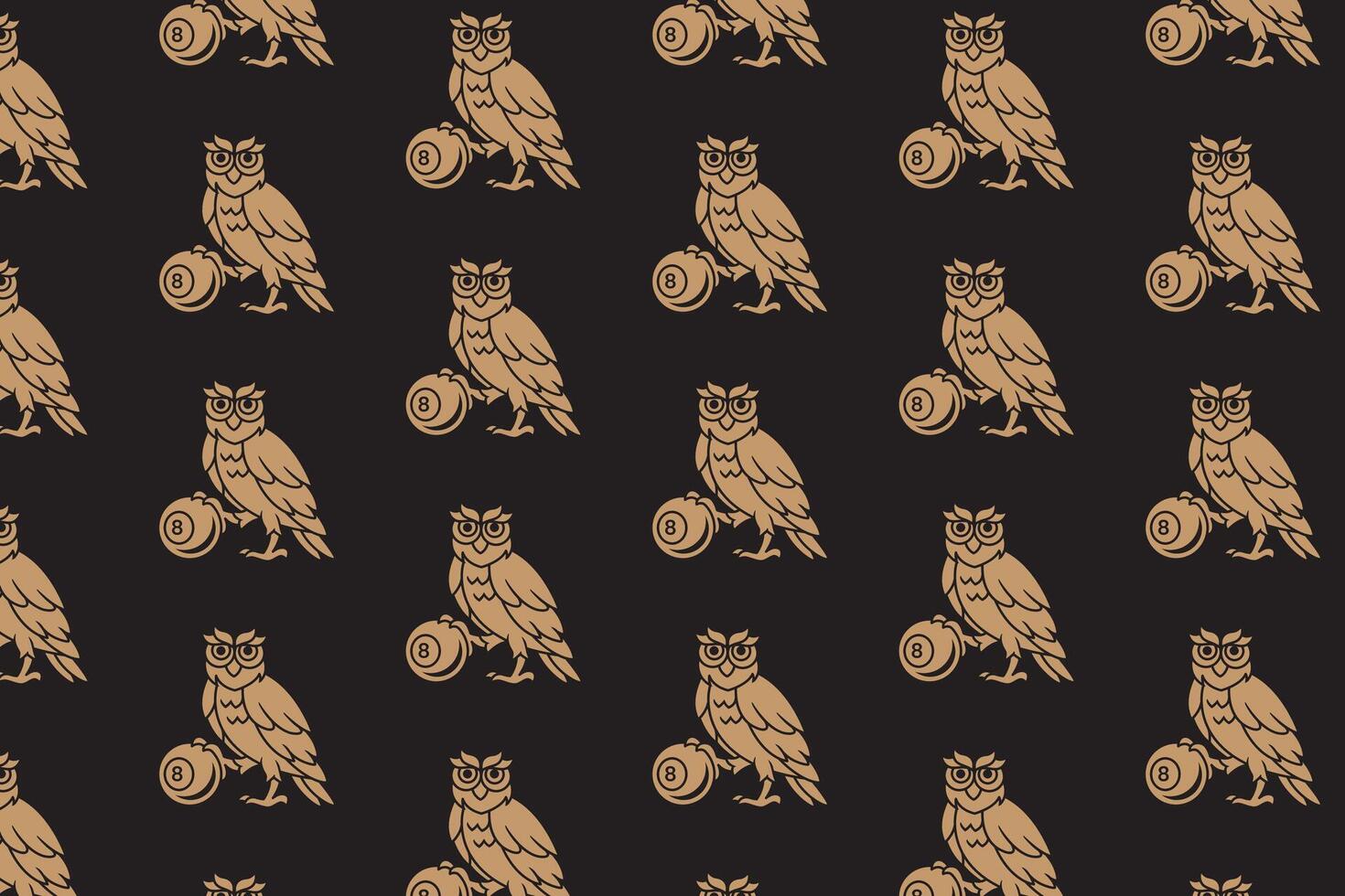 wild owl holding ball billiard silhouette seamless pattern on black background. gold owl bird with 8 ball pool object illustration pattern background for billiard decoration and merchandise vector