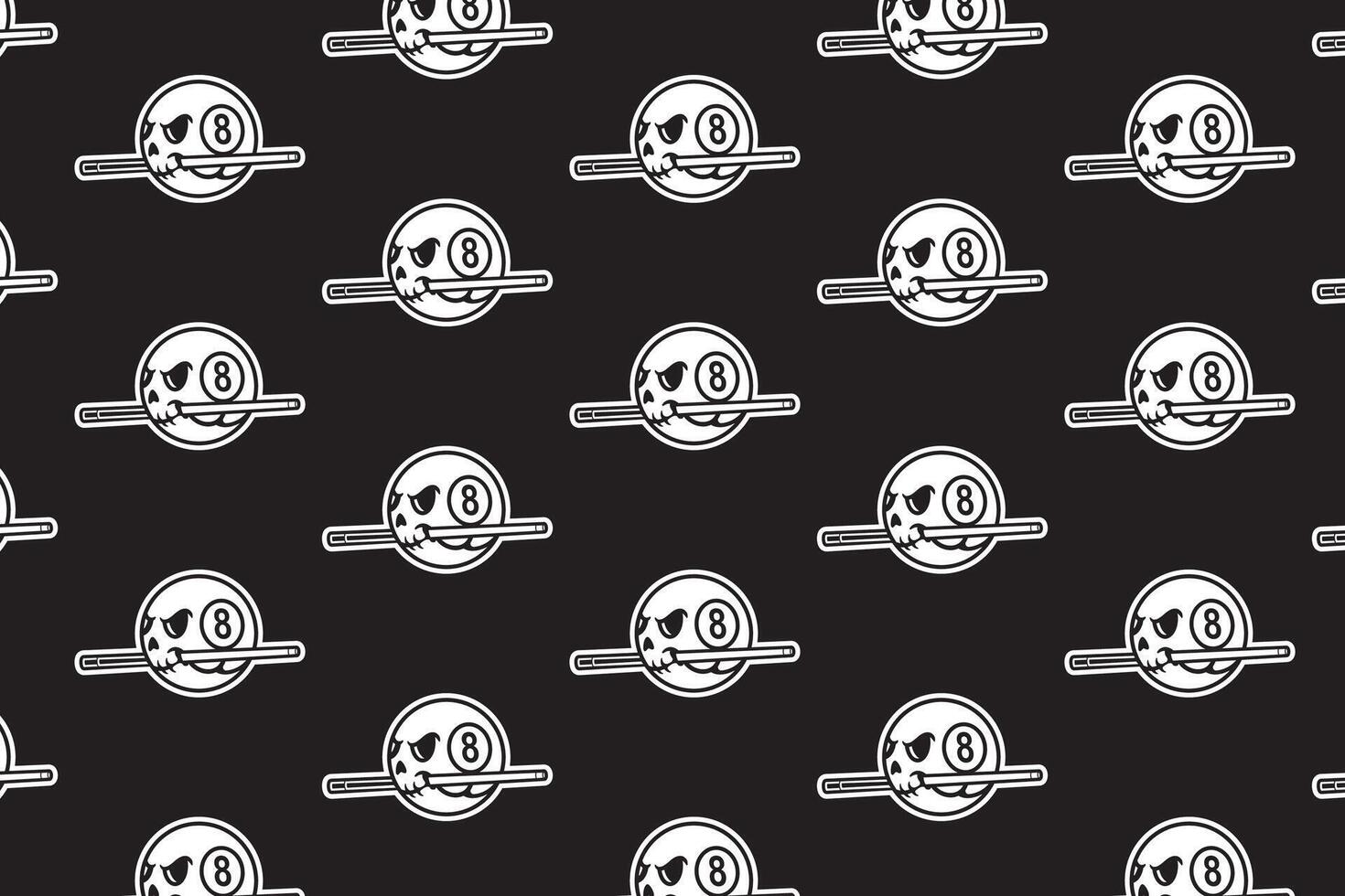 grim skull ball with stick billiard silhouette seamless pattern on black background. skull head ball pool biting stick object illustration pattern background for billiard decoration and merchandise vector