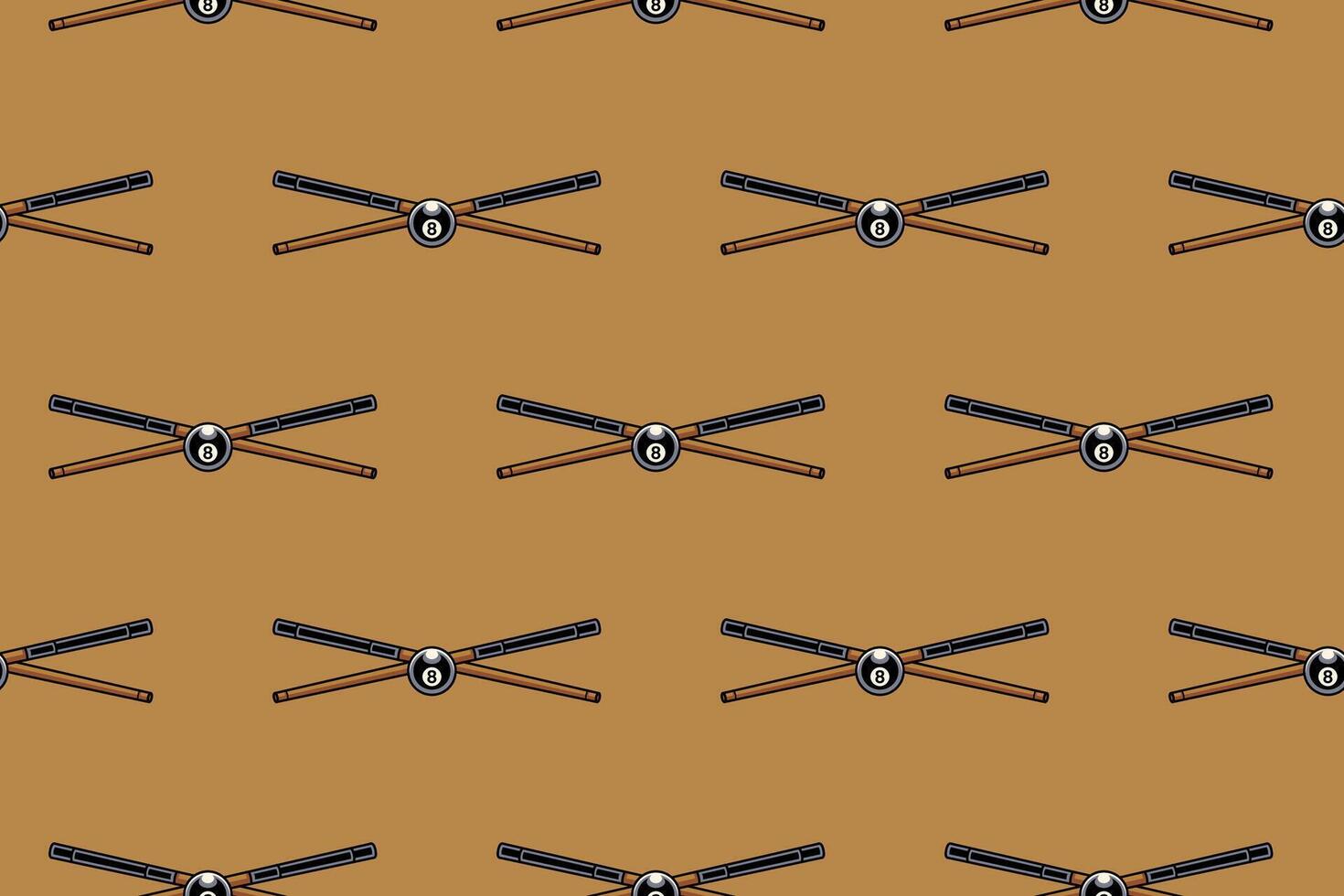 black ball and stick billiard crossed seamless pattern on brown background. 8 ball and stick pool snooker crossed illustration pattern background for billiard decoration and merchandise vector