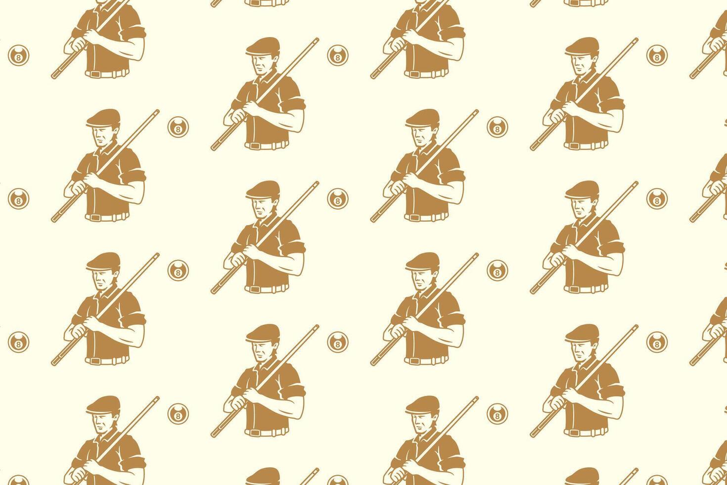 billiard player man holding stick, 8 ball silhouette seamless pattern on white background. snooker pool player with stick, ball illustration pattern background for billiard decoration and merchandise vector