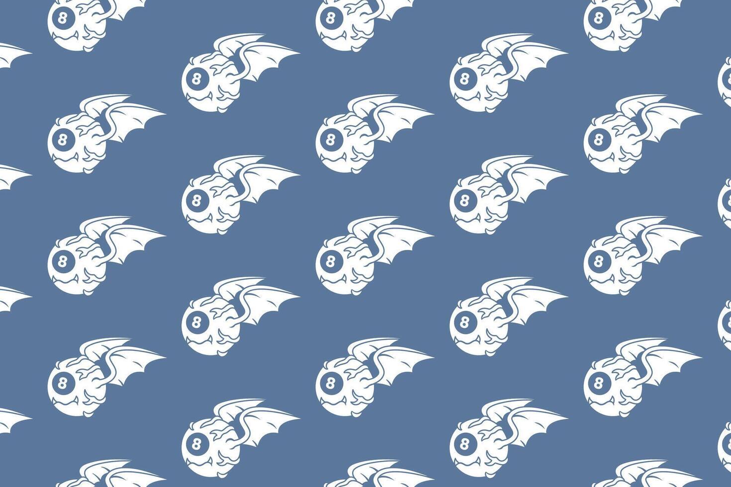 white eye ball billiard with bat wings silhouette seamless pattern on blue background. eye with 8 ball pool, bat wings object illustration pattern background for billiard decoration and merchandise vector
