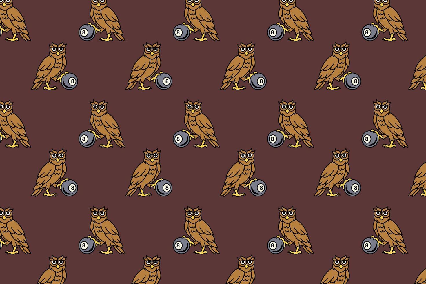 wild owl holding black ball billiard seamless pattern on brown background. brown owl bird with 8 ball pool object illustration pattern background for billiard decoration and merchandise vector