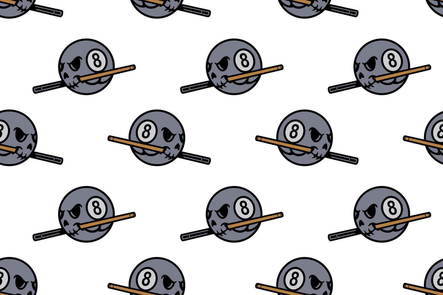 skull head with black ball billiard biting stick seamless pattern on white background. grim skull with cue stick pool object illustration pattern background for billiard decoration and merchandise vector