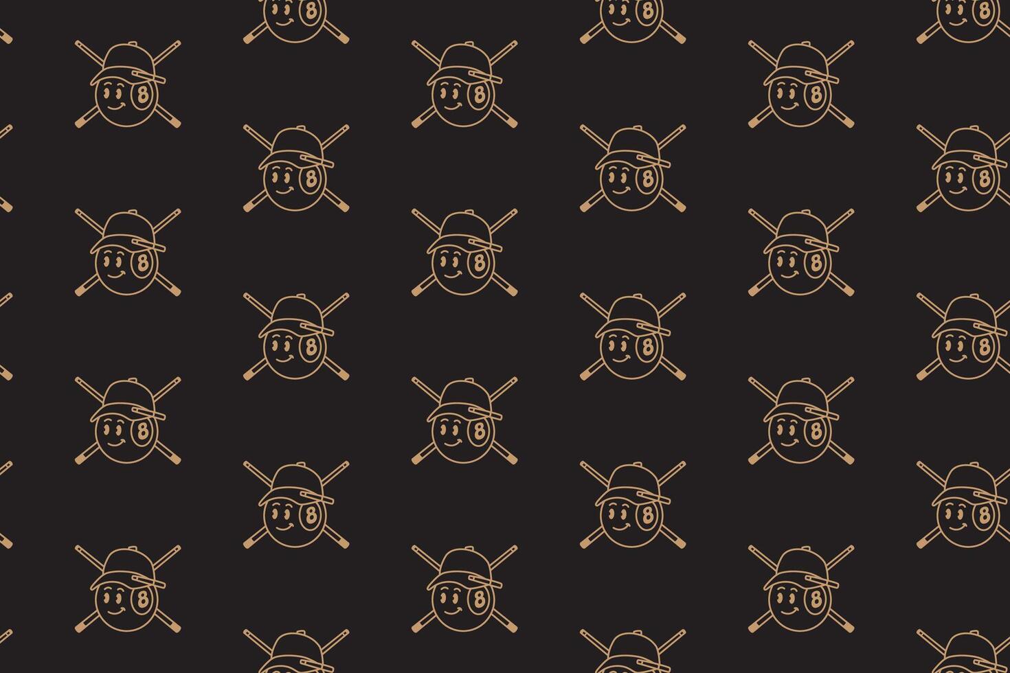 golden ball billiard head with hat, stick crossed seamless pattern on black background. ball pool with cap, cue pool crossed illustration pattern background for billiard decor and merchandise vector