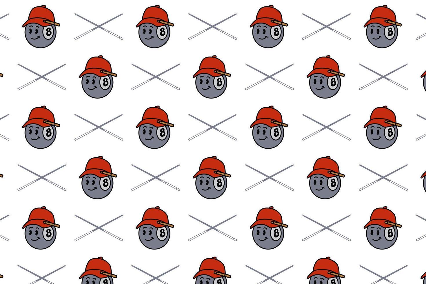 black ball head wearing hat with billiard stick crossed seamless pattern on white background. ball pool with cap, cue pool crossed illustration pattern background for billiard decor and merchandise vector