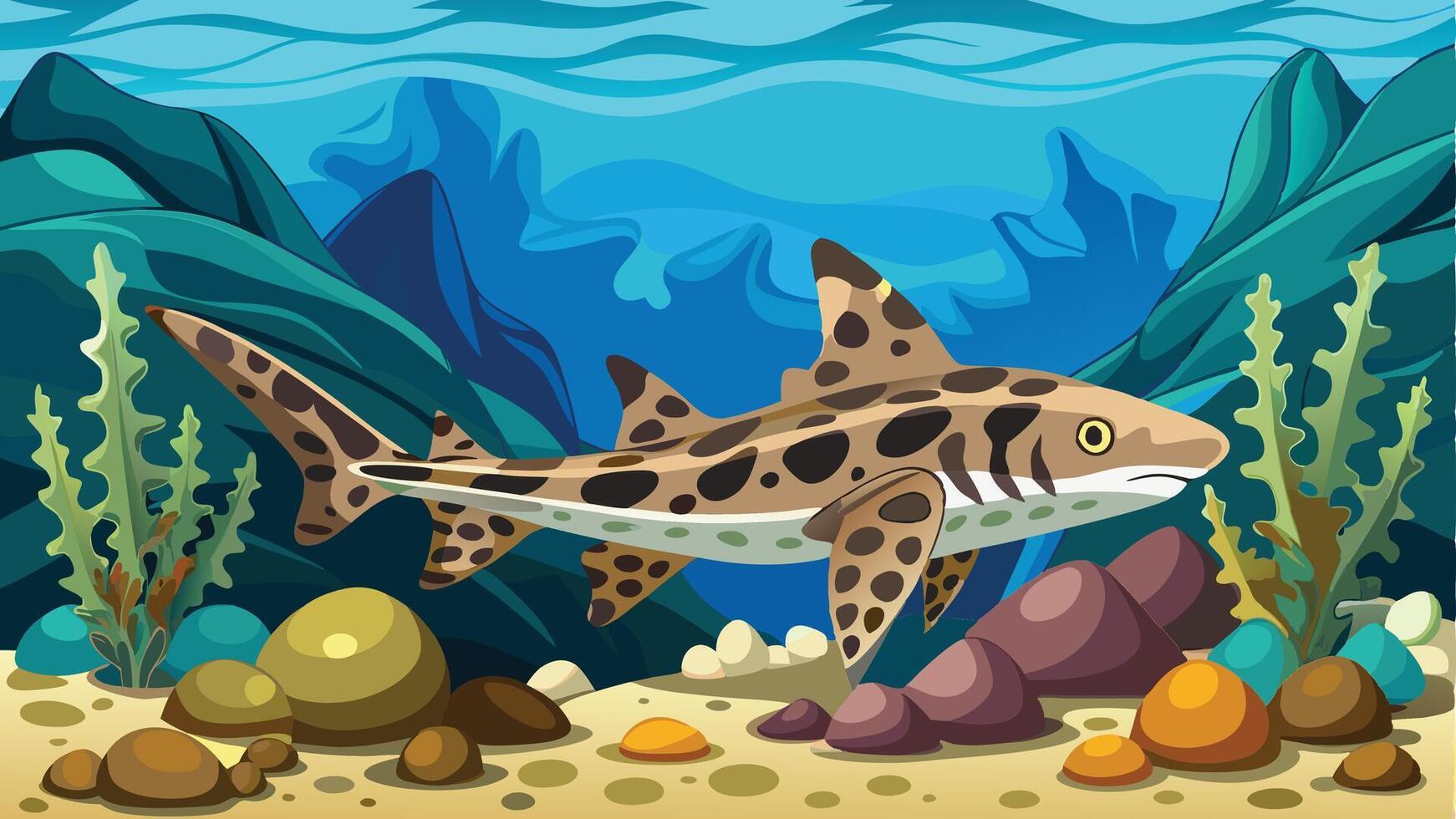 a shark swimming in the ocean with rocks and plants vector