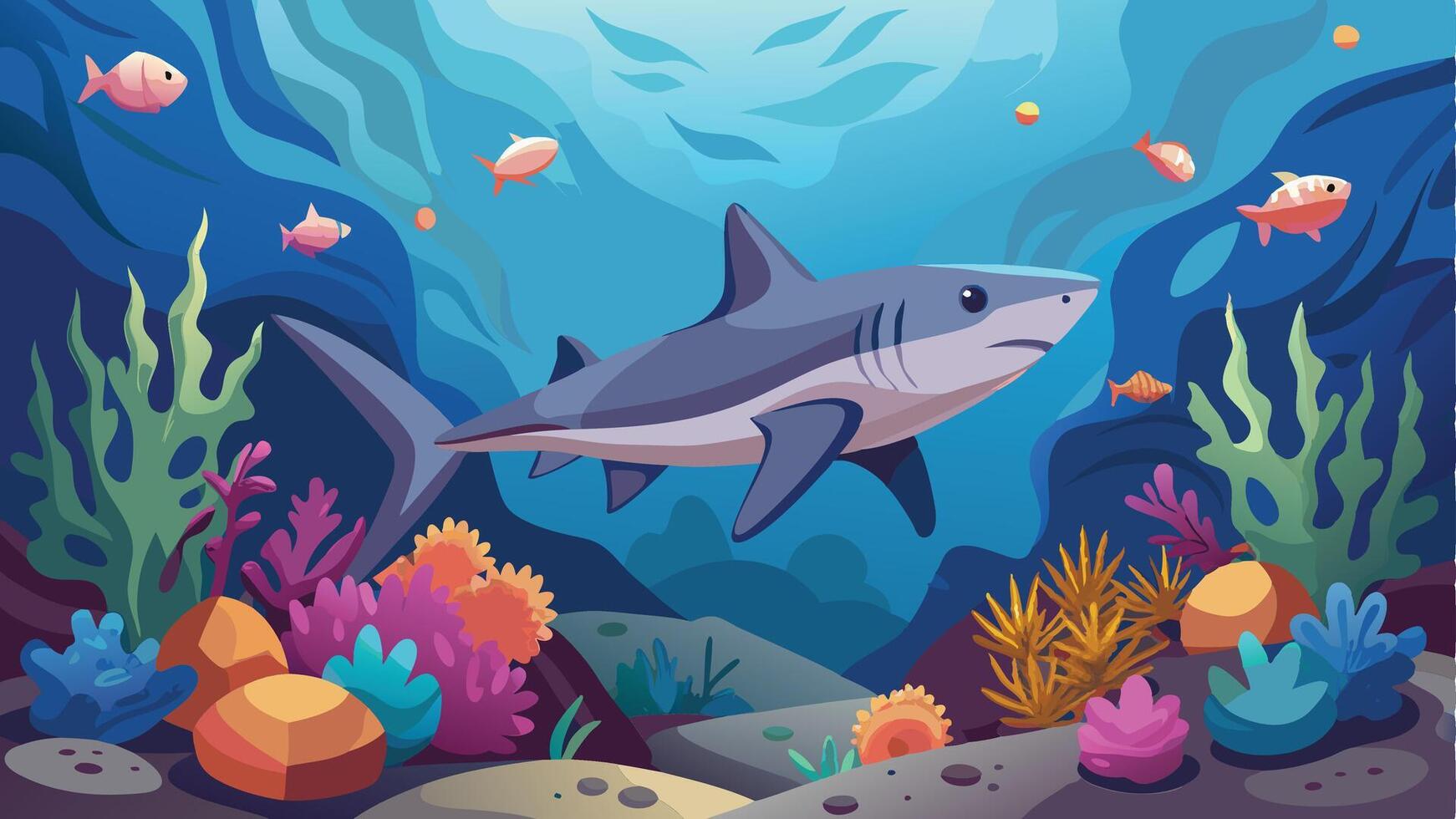 shark and coral reef under water illustration vector