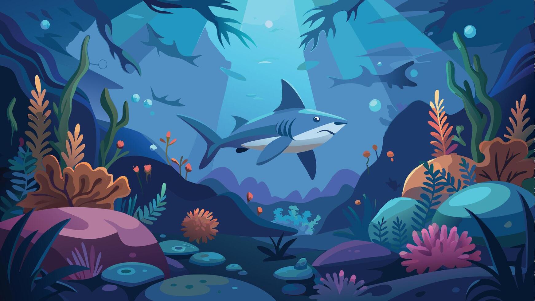 shark underwater scene with coral reef and fish vector