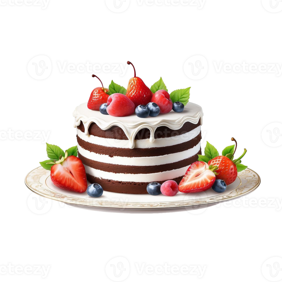 A chocolate cake with berries and strawberries on top png
