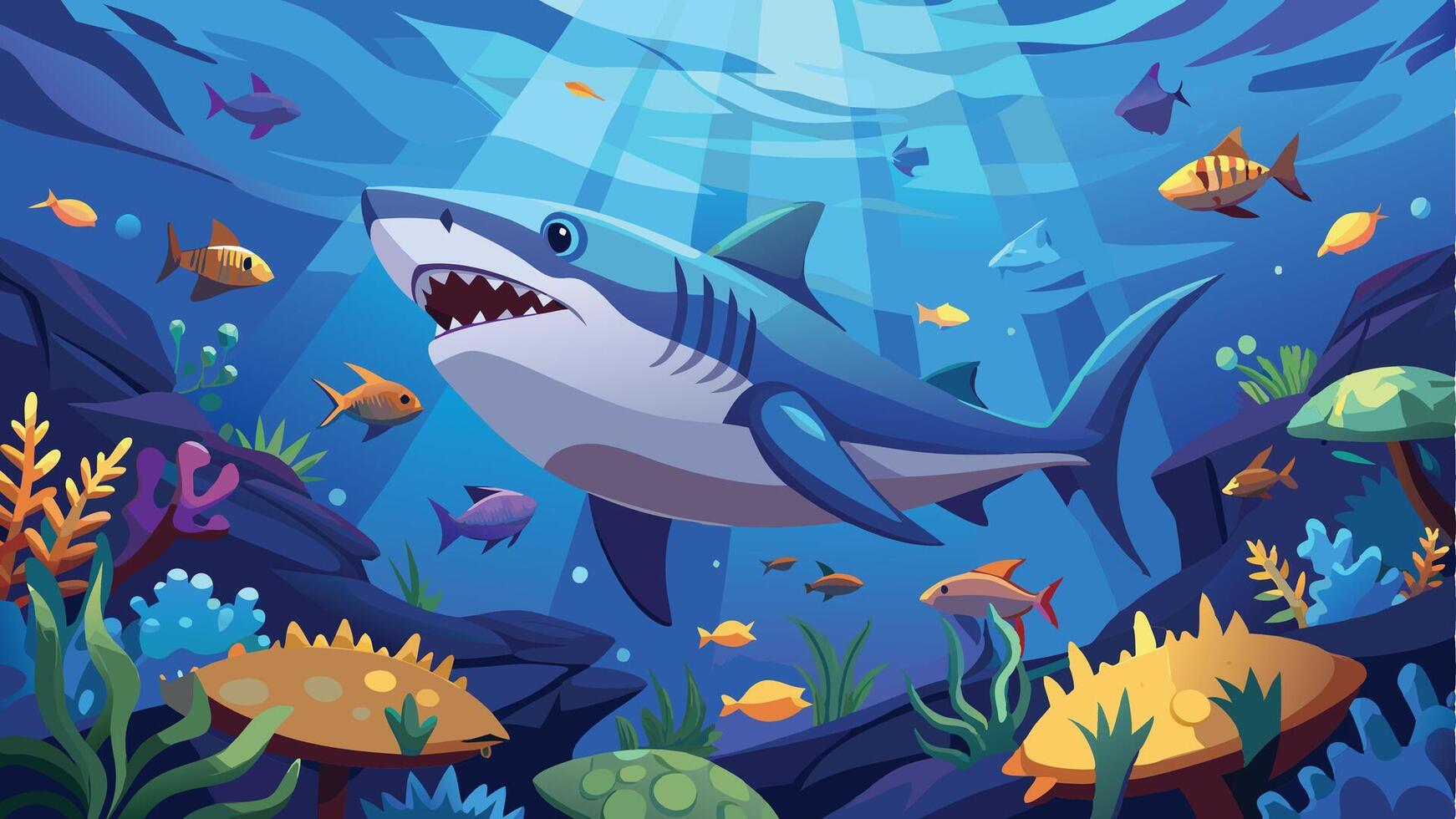 shark underwater with coral reef and fish vector