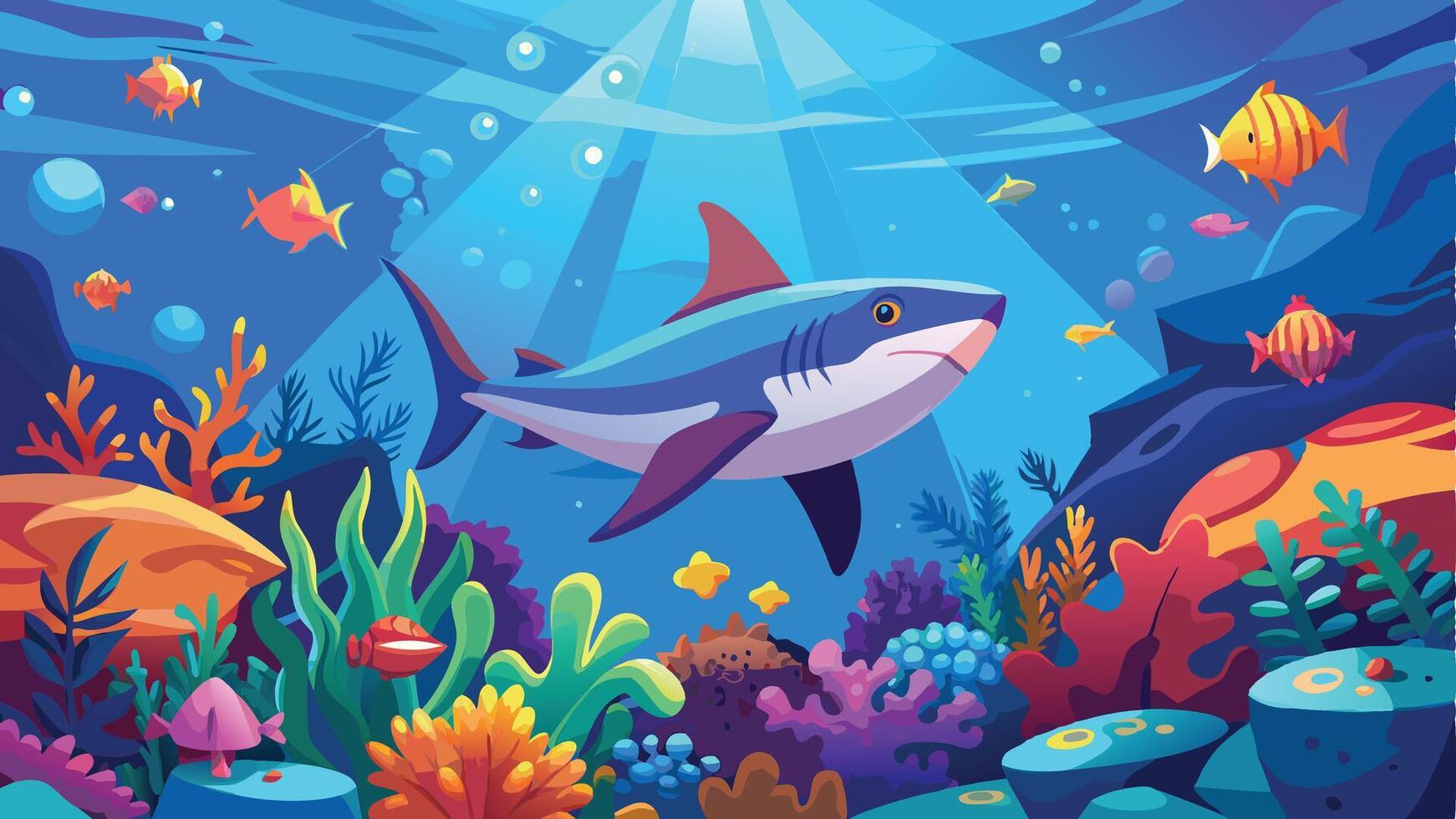 shark and coral reef under the sea vector