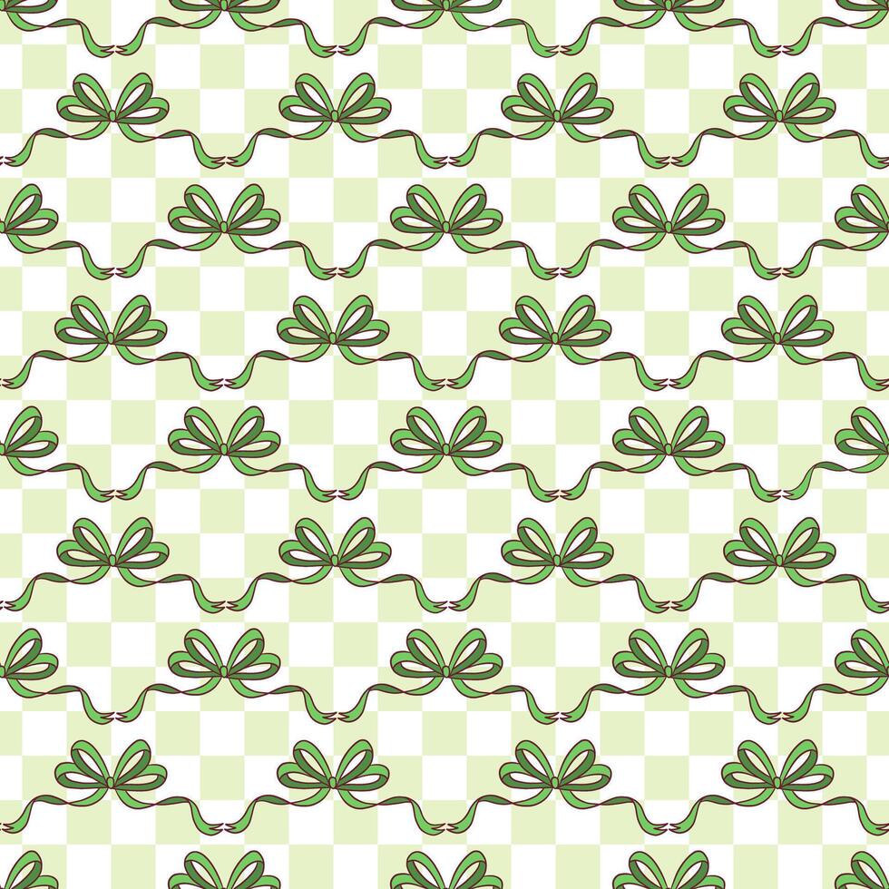 Seamless Pattern With Green Bows On Checkered Background vector