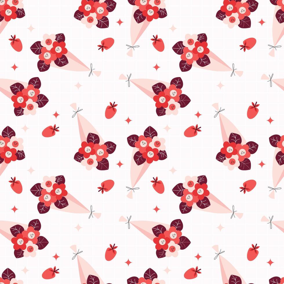 Seamless Floral Pattern With Bouquets and Red Petals on White Background vector