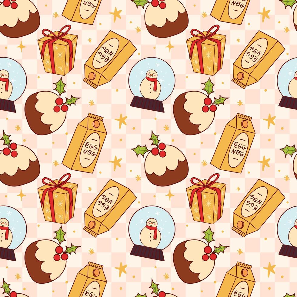 Festive Christmas Pattern With Pudding, Gifts, and Snow Globe vector