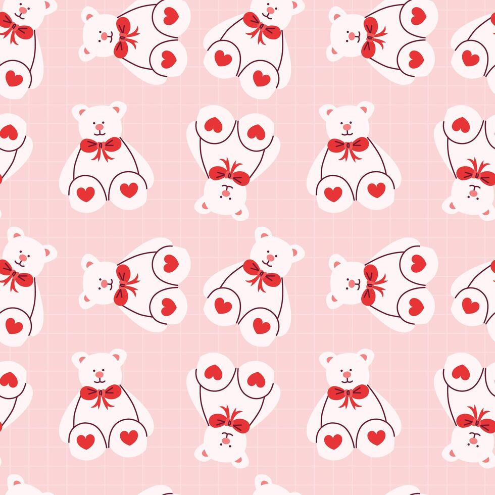Cute Teddy Bear Pattern With Hearts on Pink Background vector